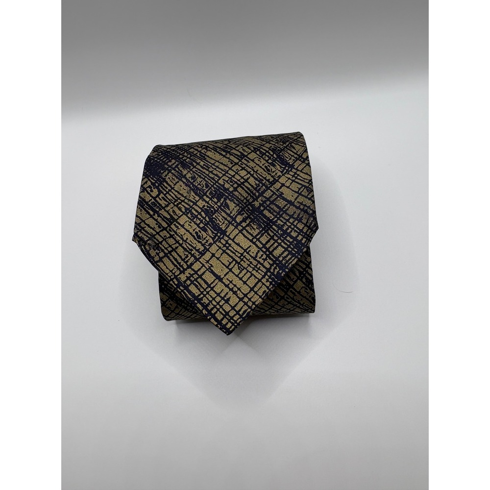 Kenneth Cole New York Silk Tie Mens Gold Navy Blue Abstract Grid Pattern
